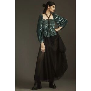 Anthropologie Long-Sleeve Velvet Blouse Green Luxe Cutwork Top NWT